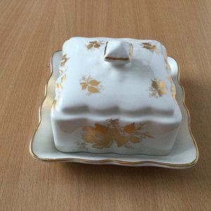 Vintage Old Foley James Kent Staffordshire Cheese butter dish gold flowers